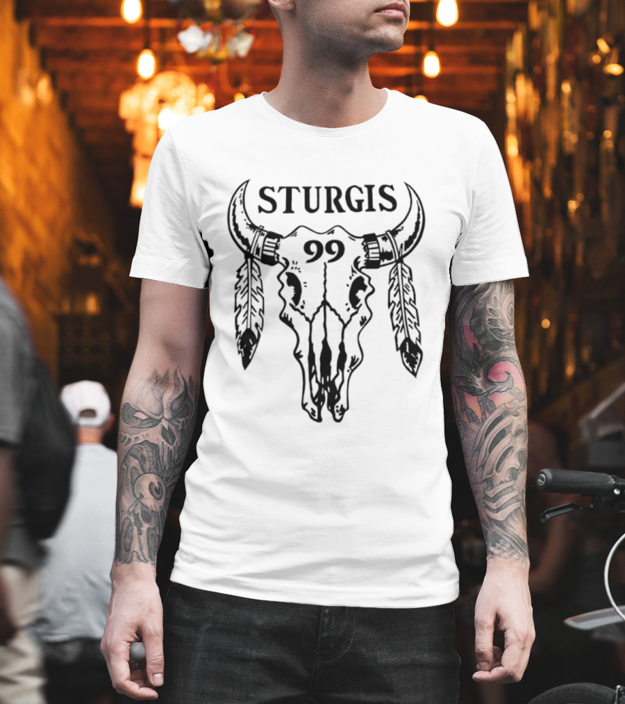 Sturgis 99 Bull Skull Western Biker Feathers T-Shirt