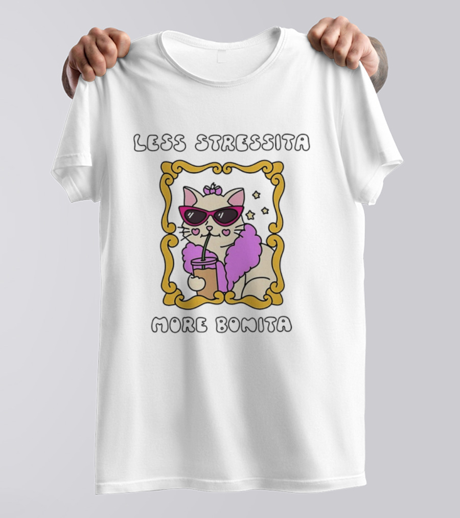Less Stressita More Bonita Cat With Sunglasses And Drink Framed In Yellow Border T-Shirt