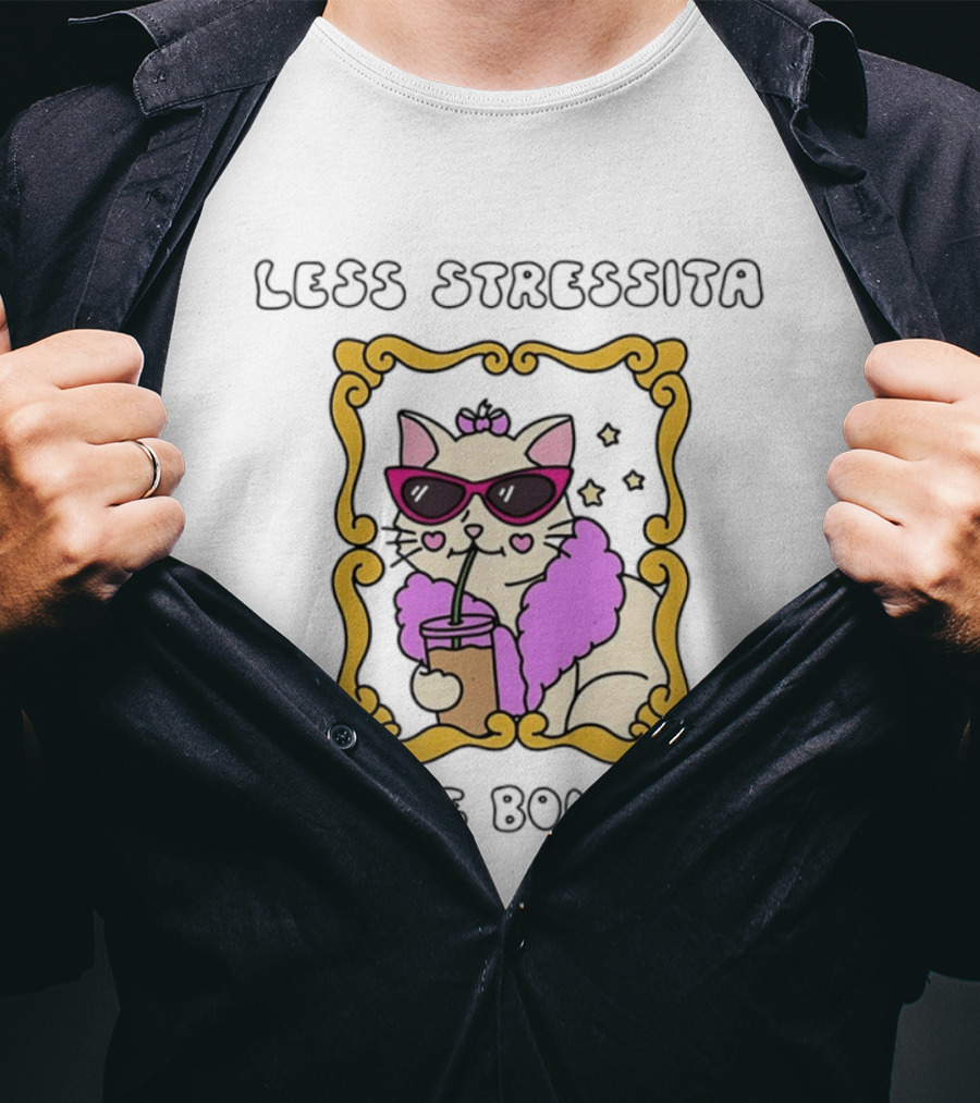 Less Stressita More Bonita Cat With Sunglasses And Drink Framed In Yellow Border T-Shirt