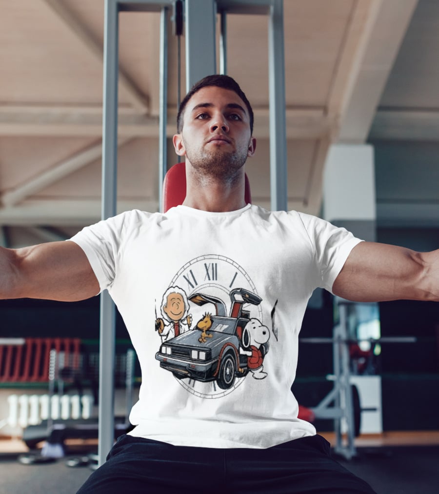 Peanuts Characters With DeLorean Time Machine And T-Shirt