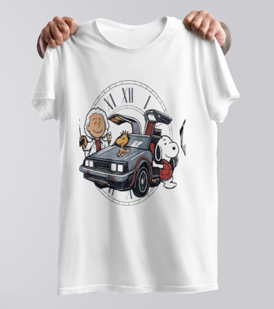 Peanuts Characters With DeLorean Time Machine And T-Shirt