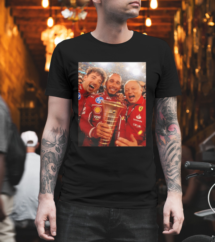 Charles Leclerc Lewis Hamilton Frederic Vasseur Ferrari Victory Celebration Trophy BP Shell Santander CEVA Racing T-Shirt