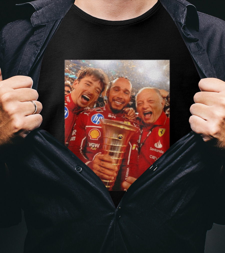 Charles Leclerc Lewis Hamilton Frederic Vasseur Ferrari Victory Celebration Trophy BP Shell Santander CEVA Racing T-Shirt