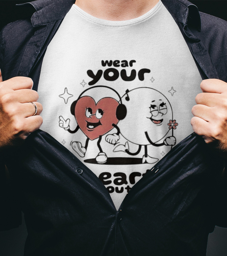 Wear Your Heart Out Love Aesthetic Headphones And Flower Cartoon Characters T-Shirt