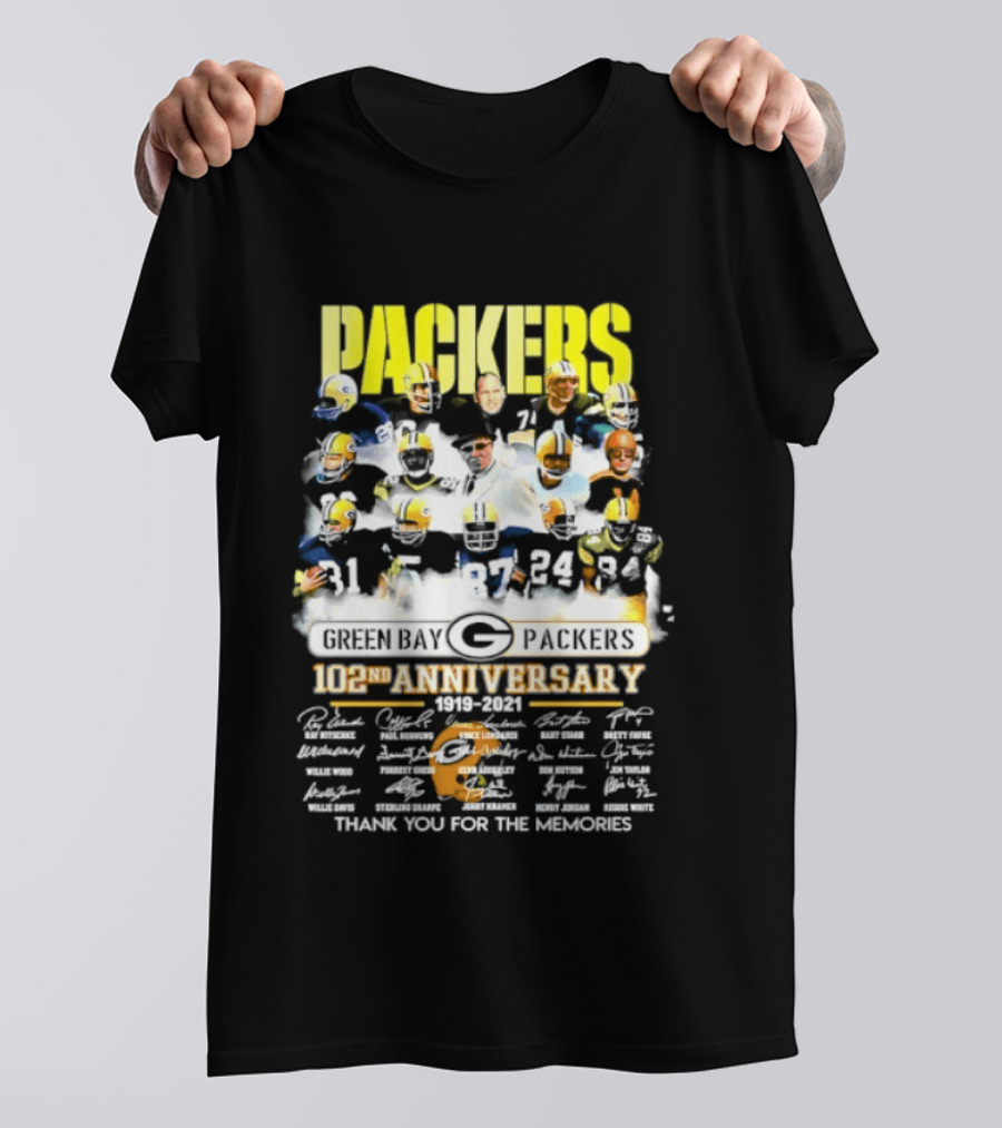 Green Bay Packers 102nd Anniversary 1919 2021 Thank You For The Memories Packers Legends Signatures Collection T-Shirt