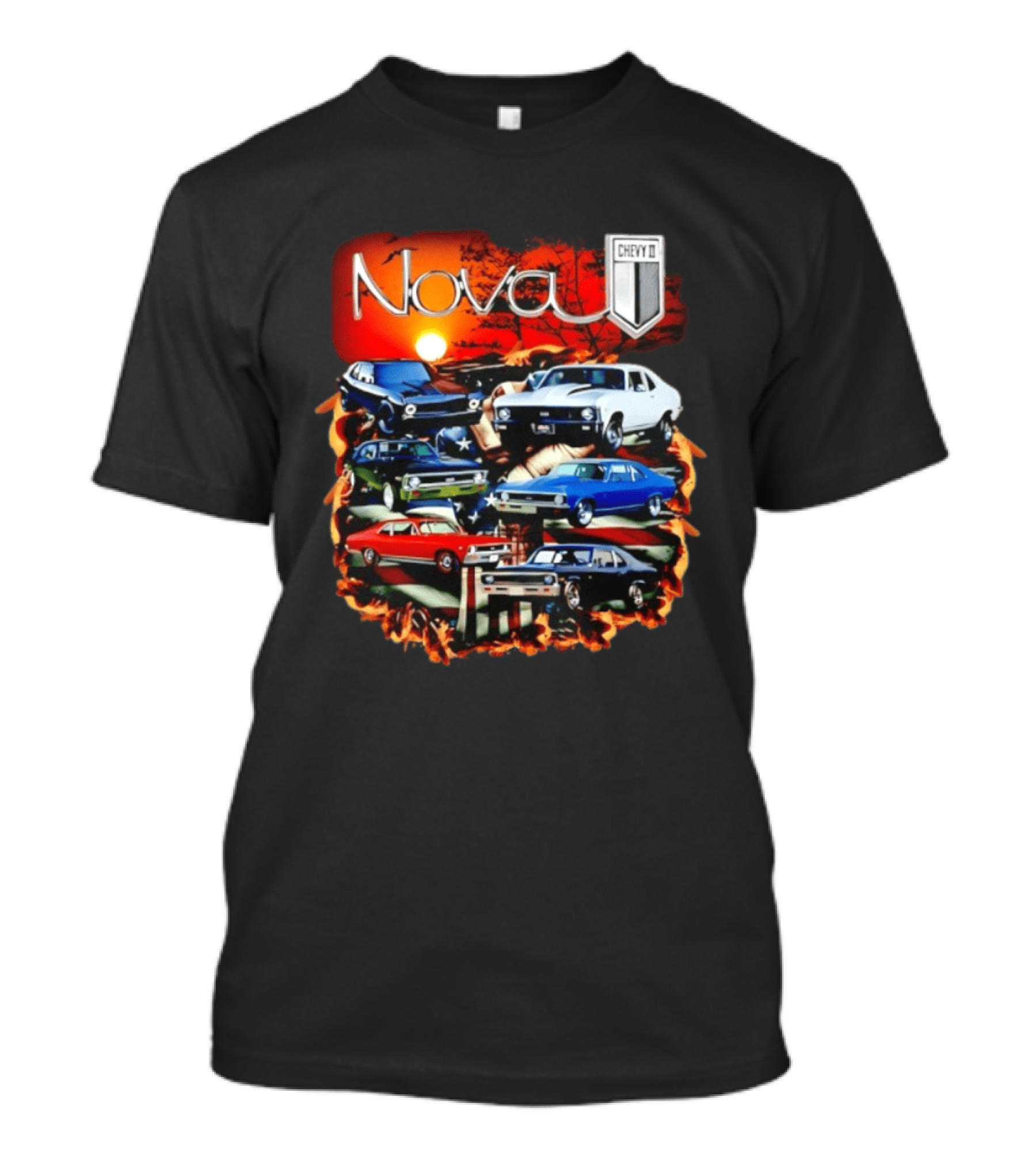 Nova Chevy II American Flag Muscle Car Collection Vintage Sunset T-Shirt