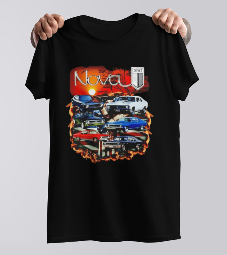 Nova Chevy II American Flag Muscle Car Collection Vintage Sunset T-Shirt