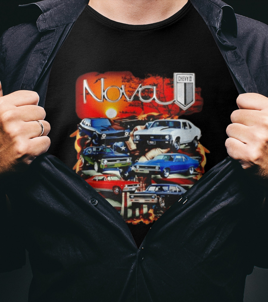 Nova Chevy II American Flag Muscle Car Collection Vintage Sunset T-Shirt