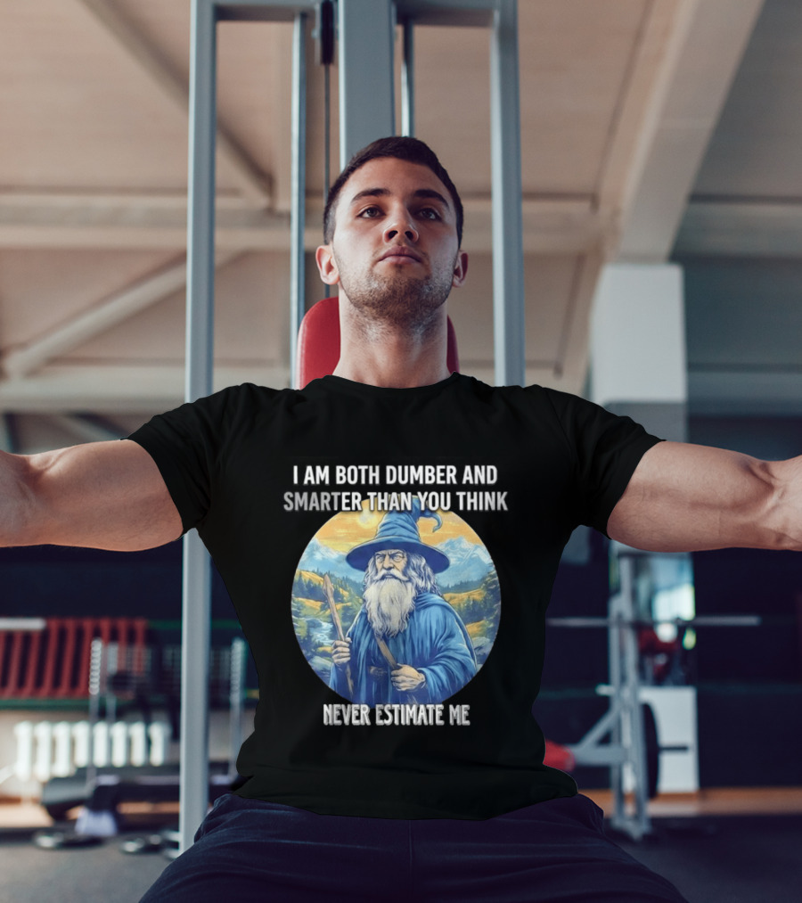 I Am Both Dumber And Smarter Than You Think Never Estimate Me Wizard Blue Robe And Hat Mountain T-Shirt