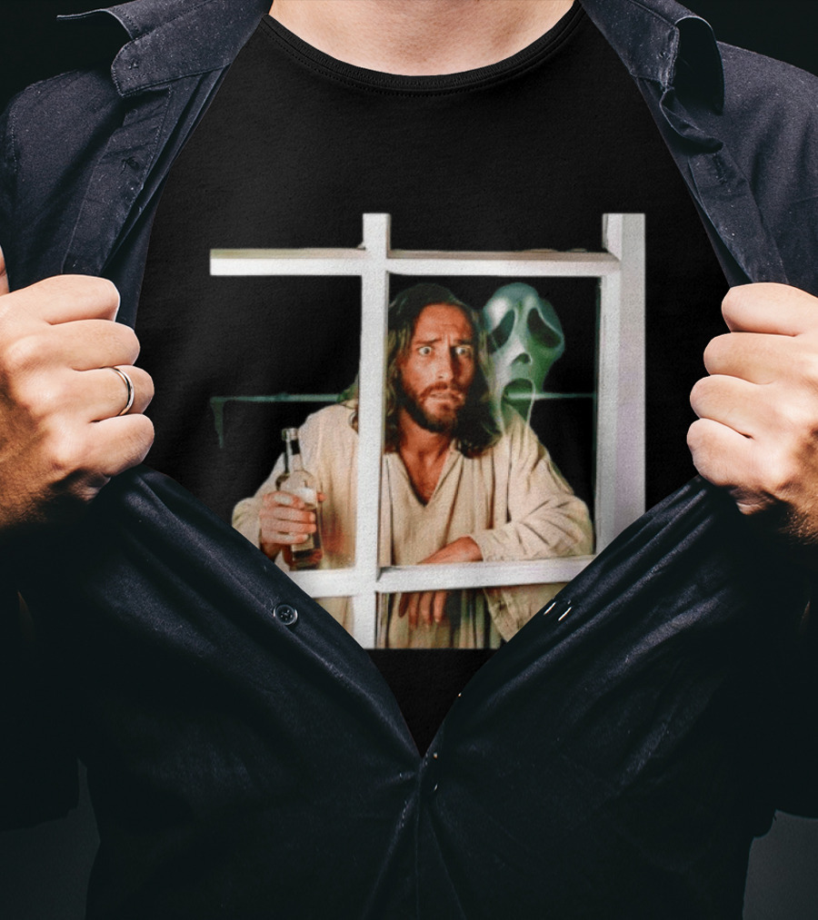 Jesus Drinking Whiskey With Ghostface Killer Behind Window T-Shirt