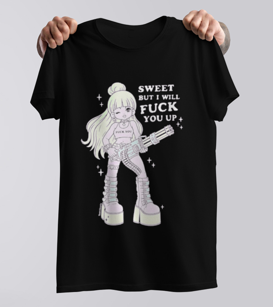 Sweet But I Will Fuck You Up Anime Girl Gun Platform Boots T-Shirt