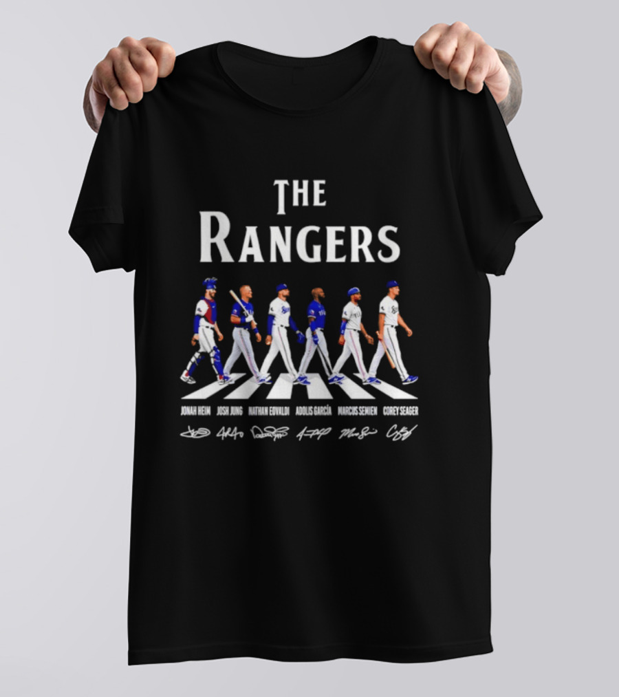 The Rangers Jonah Heim Josh Jung Nathan Eovaldi Adolis Garcia Marcus Semien Corey Seager Abbey Road Baseball Players T-Shirt