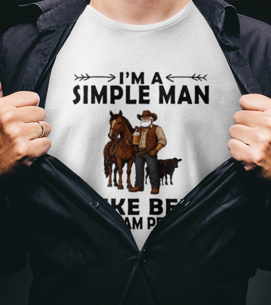 I'm A Simple Man I Like Beer And Team Penning Cowboy With Horse And Drink T-Shirt