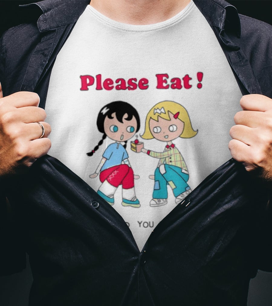 Please Eat We Need You To Fight Vintage Anime Style Cartoon Characters Sharing Food T-Shirt
