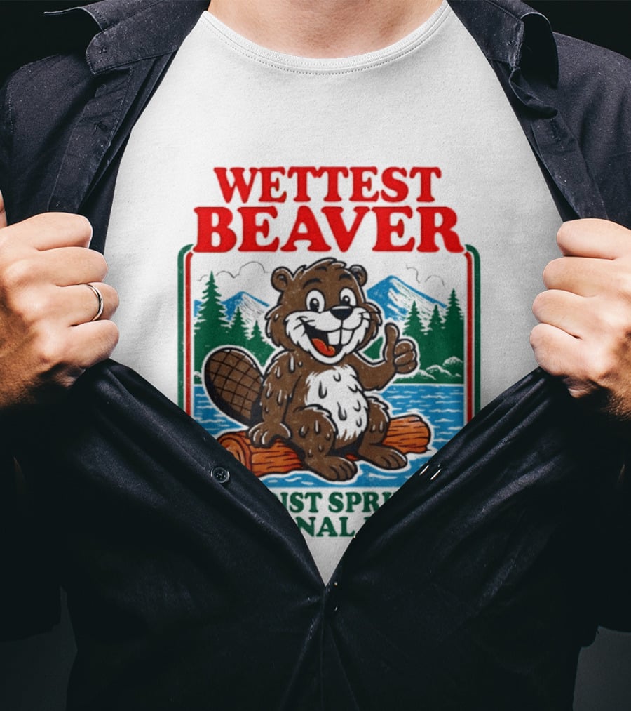 Wettest Beaver In Moist Springs National Park Funny Cartoon Log T-Shirt