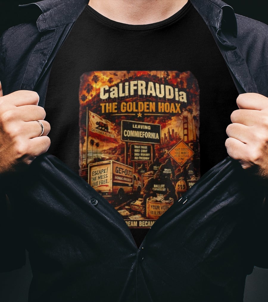 CaliFRAUDia The Golden Hoax Leaving Commiefornia Escape The Mess Live Free T-Shirt