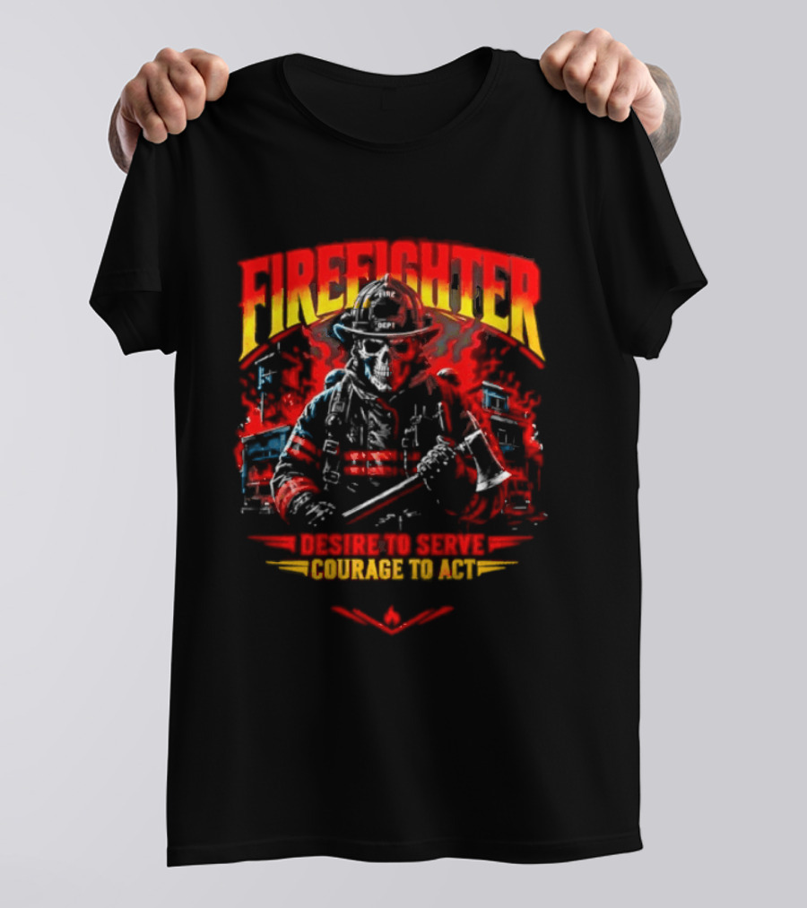Firefighter Skull Desire To Serve Courage To Act Vintage Fireman Helmet And Axe T-Shirt