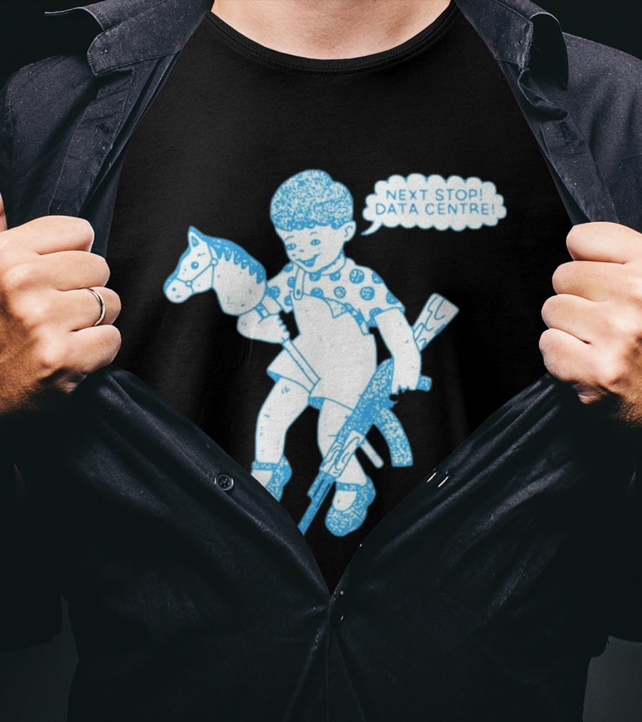 Next Stop Data Centre Kid With Hobby Horse And Toy Rifle Tech Humor T-Shirt