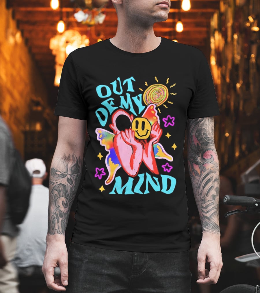 Out Of My Mind Smiley Face Butterfly Psychedelic Sunburst Fantasy Flowers T-Shirt