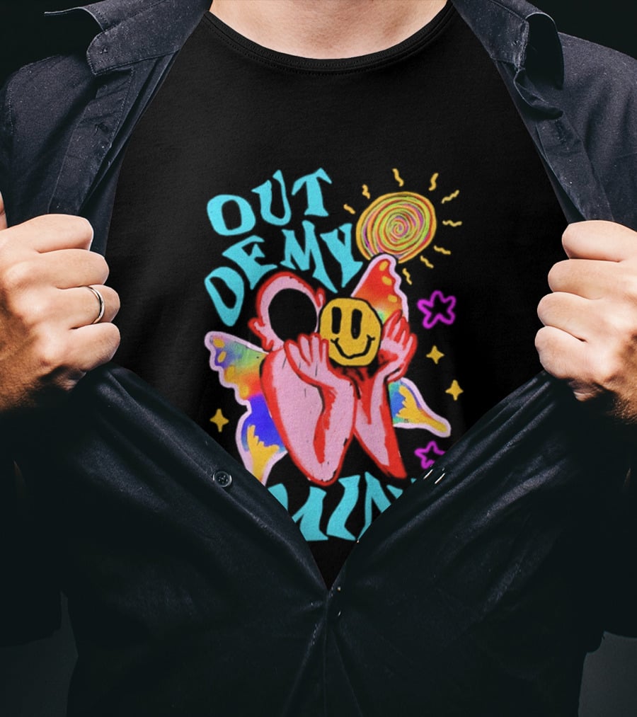 Out Of My Mind Smiley Face Butterfly Psychedelic Sunburst Fantasy Flowers T-Shirt