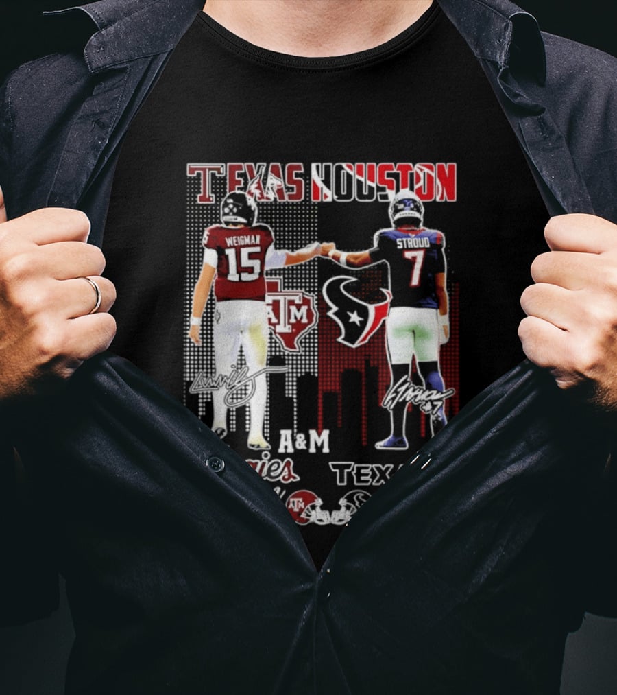 Texas A&M Aggies Weigman And Houston Texans Stroud Skyline Signatures For Saturdays And Sundays T-Shirt
