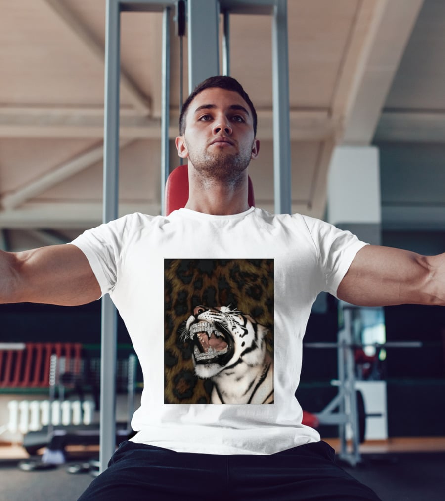 Tiger Diamond Grillz Iced Out Animal Roaring With Leopard Print T-Shirt