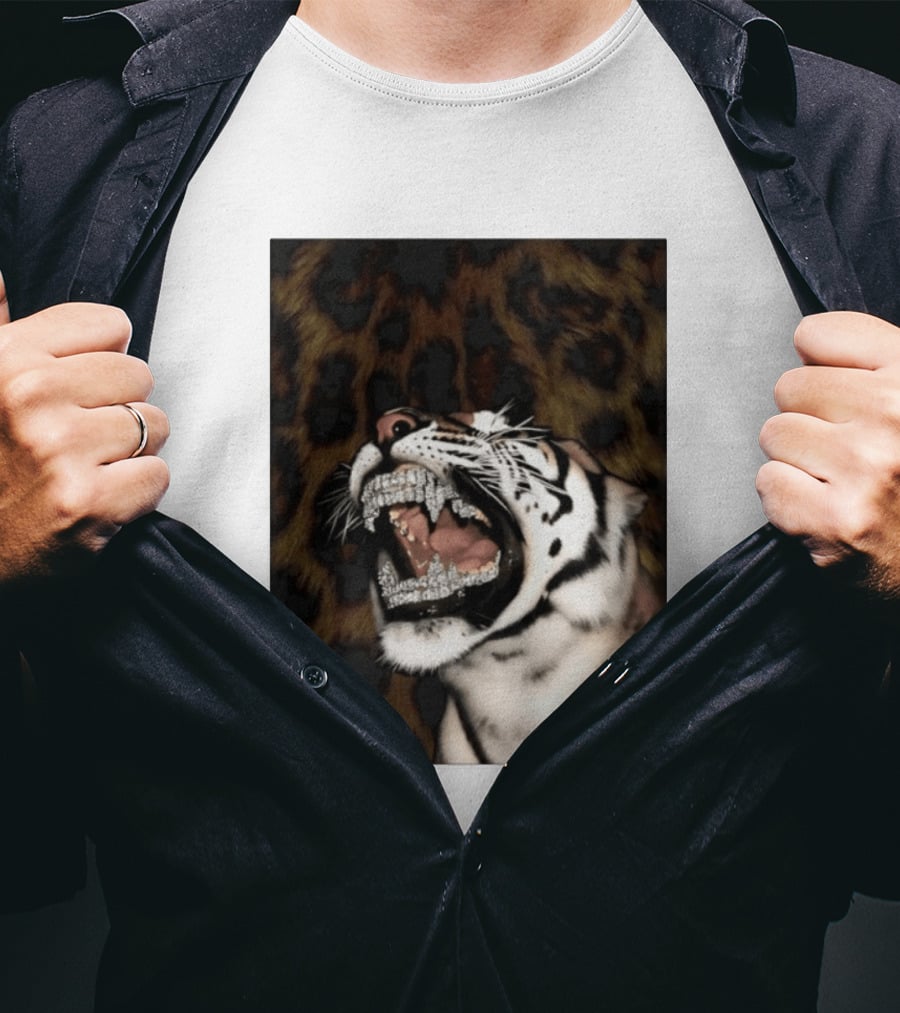 Tiger Diamond Grillz Iced Out Animal Roaring With Leopard Print T-Shirt