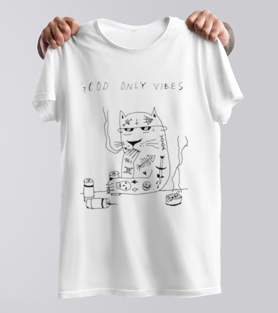 Good Only Vibes Smoking Cat Drawing With Chill Feline And Relaxed T-Shirt