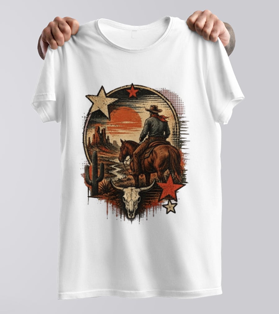 Cowboy On Horseback Under Desert Sunset With Cactus And Skull T-Shirt