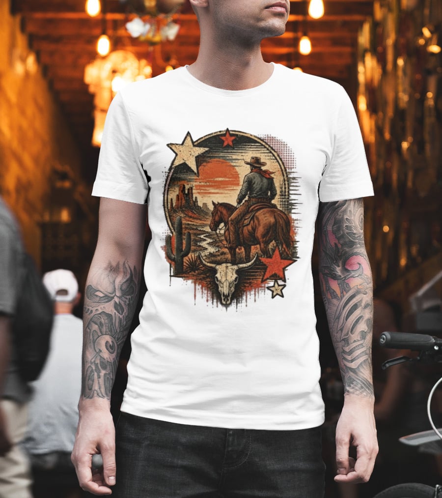 Cowboy On Horseback Under Desert Sunset With Cactus And Skull T-Shirt