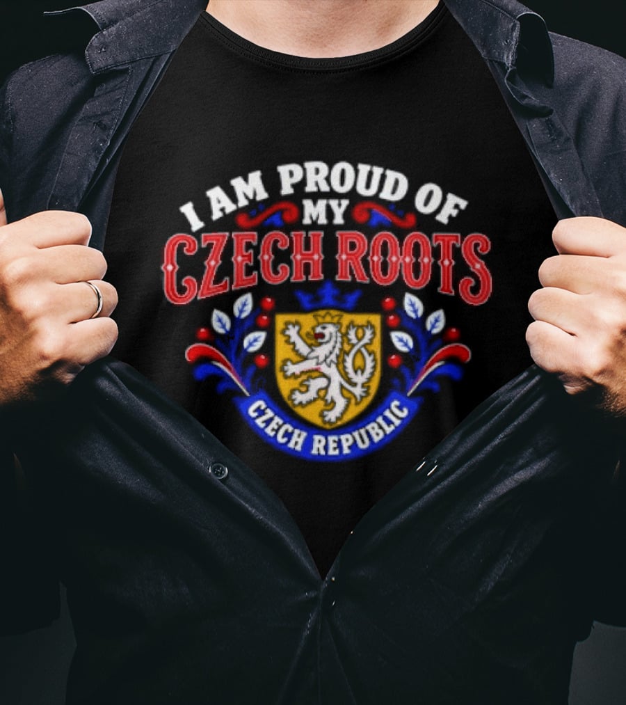 I Am Proud Of My Czech Roots Czech Republic Crest With Lion And Floral Motif T-Shirt