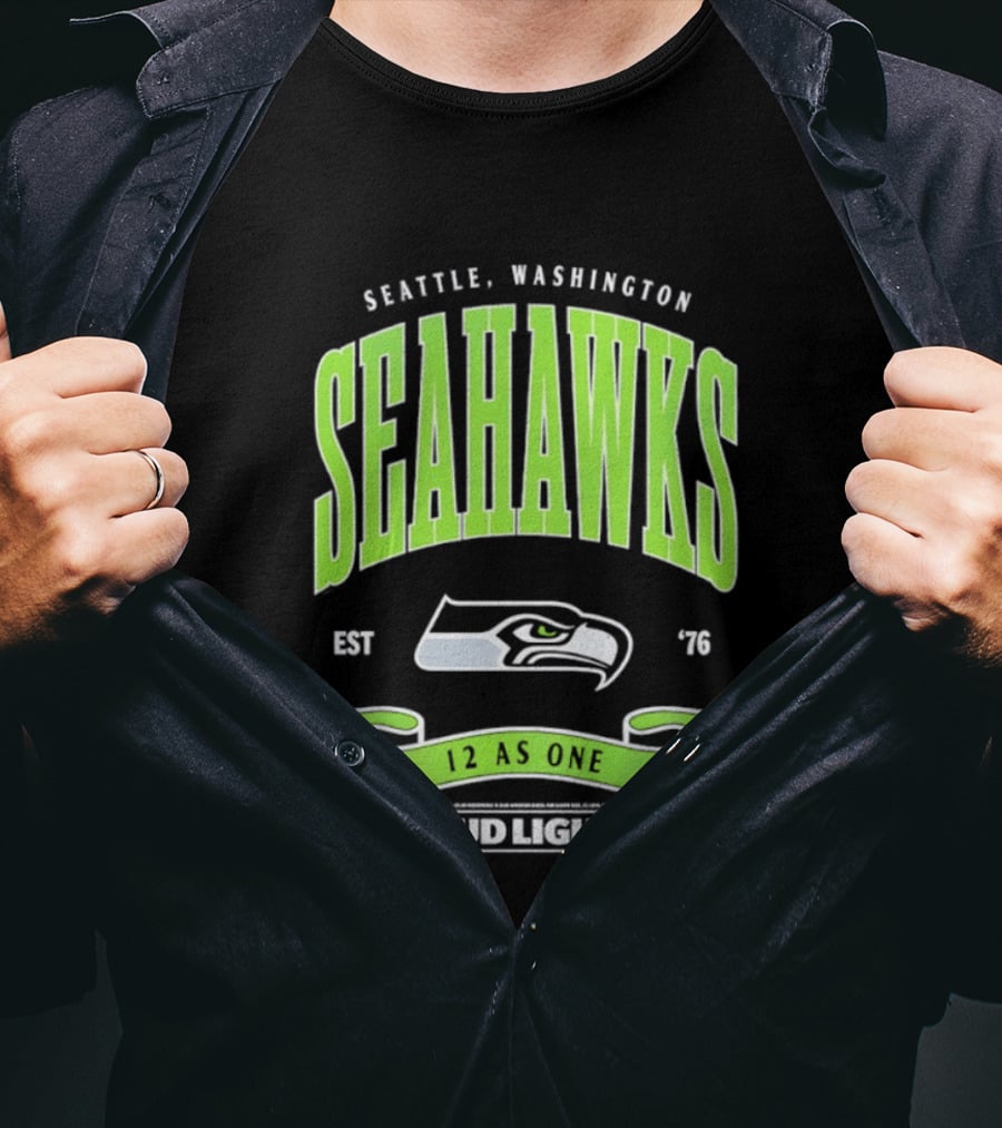 Seattle Washington Seahawks EST 76 Bud Light 12 As One T-Shirt