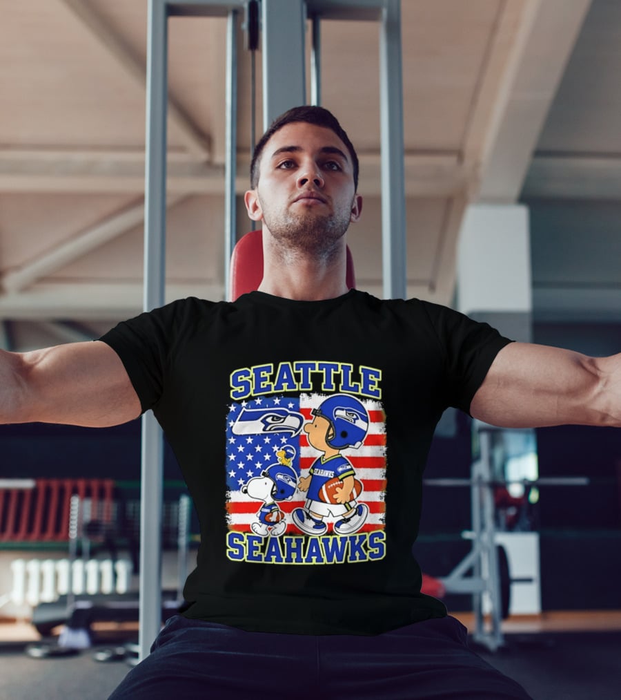 Snoopy Charlie Brown Seattle Seahawks American Flag Football T-Shirt