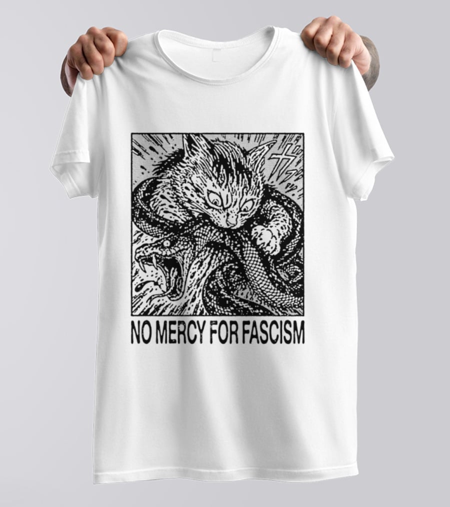 No Mercy For Fascism Cat Fighting Snake T-Shirt