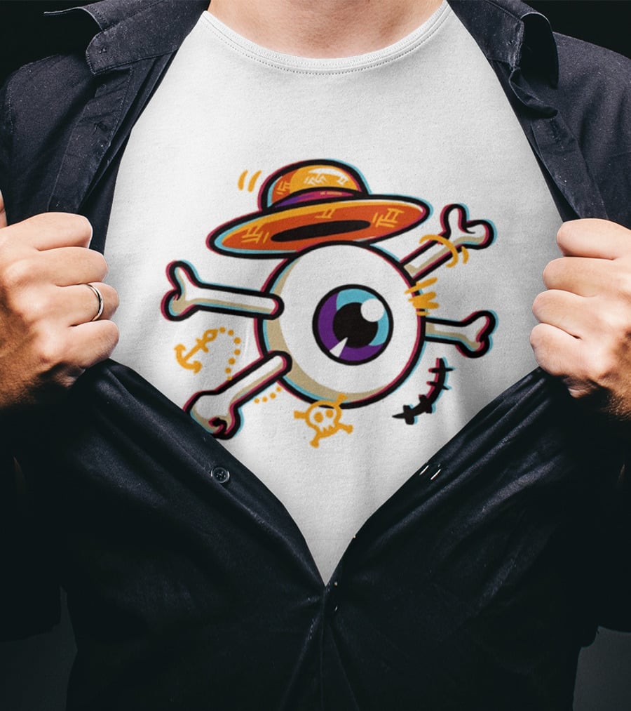 One Piece Straw Hat Eye Bone Pirate Symbol Iconic Anime Series Fan Merch T-Shirt