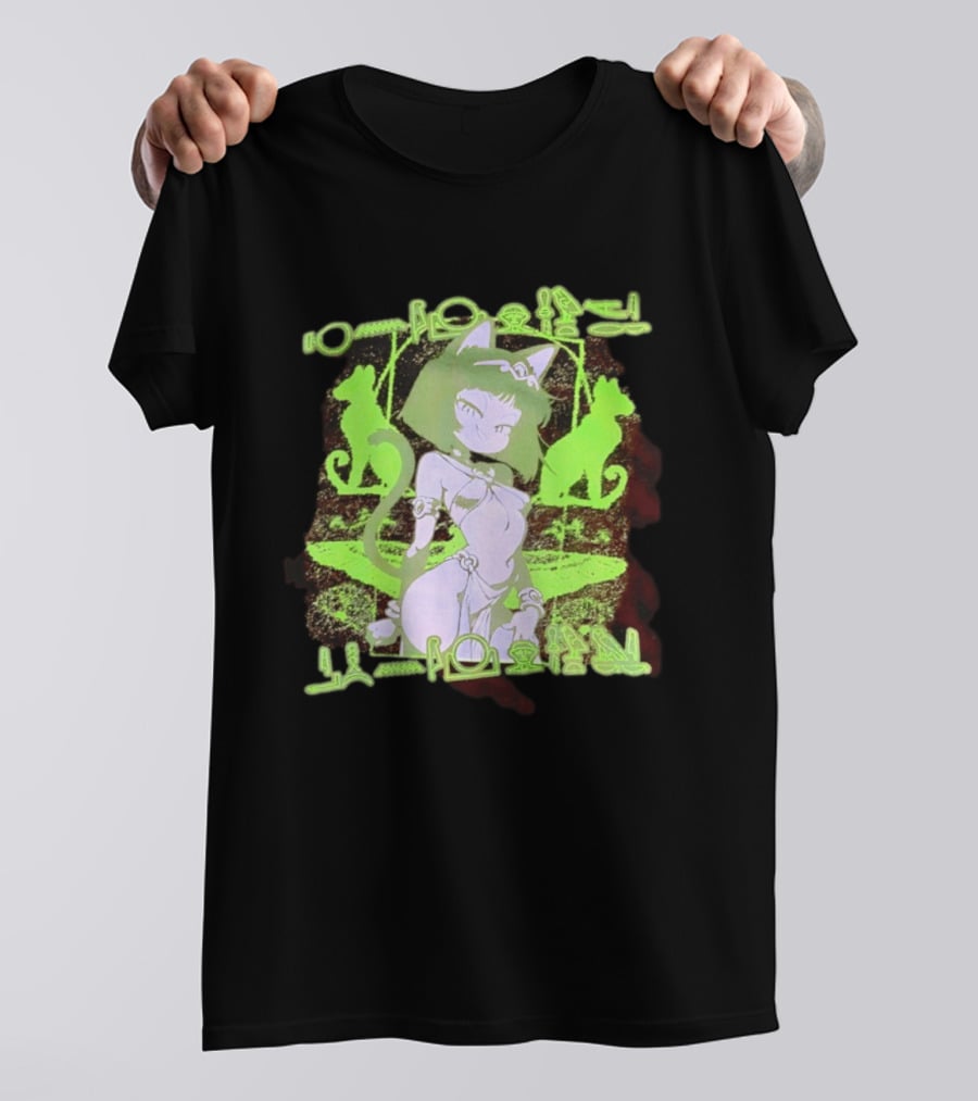 Anime Cat Girl Egyptian Hieroglyphics Neon Green Aesthetic T-Shirt