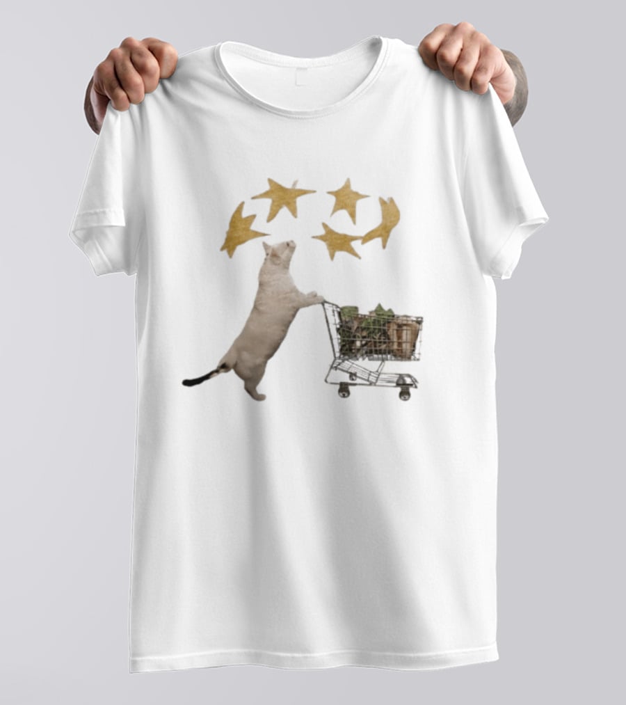 Cat Pushes Shopping Cart With Golden Stars Above T-Shirt