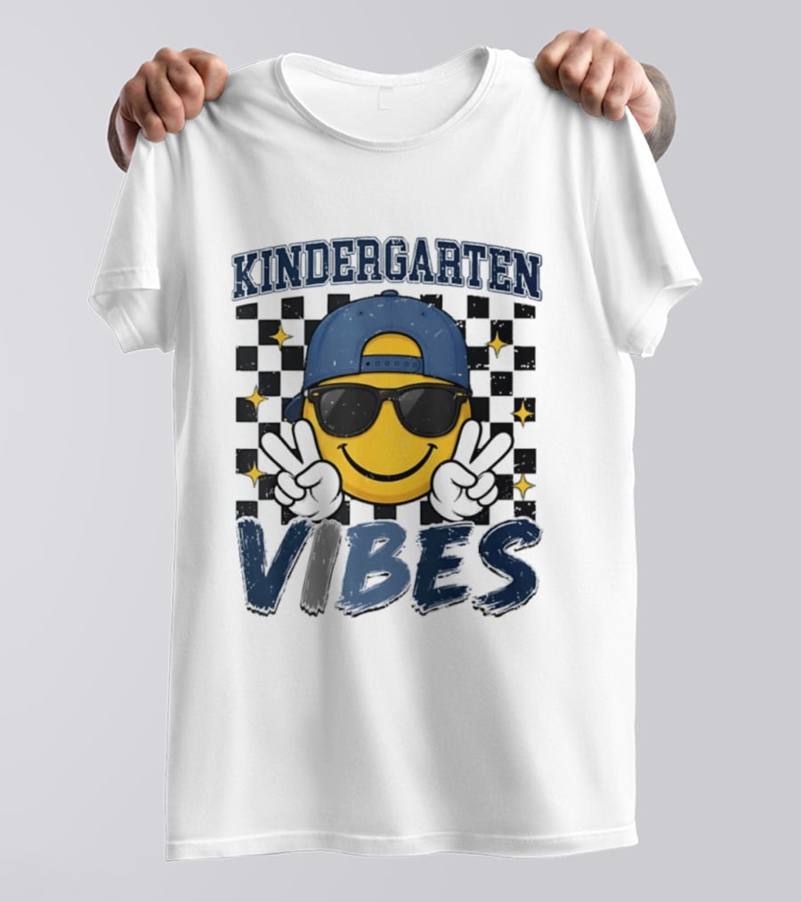 Kindergarten Vibes Smiley Face Sunglasses Peace Sign Checkered T-Shirt