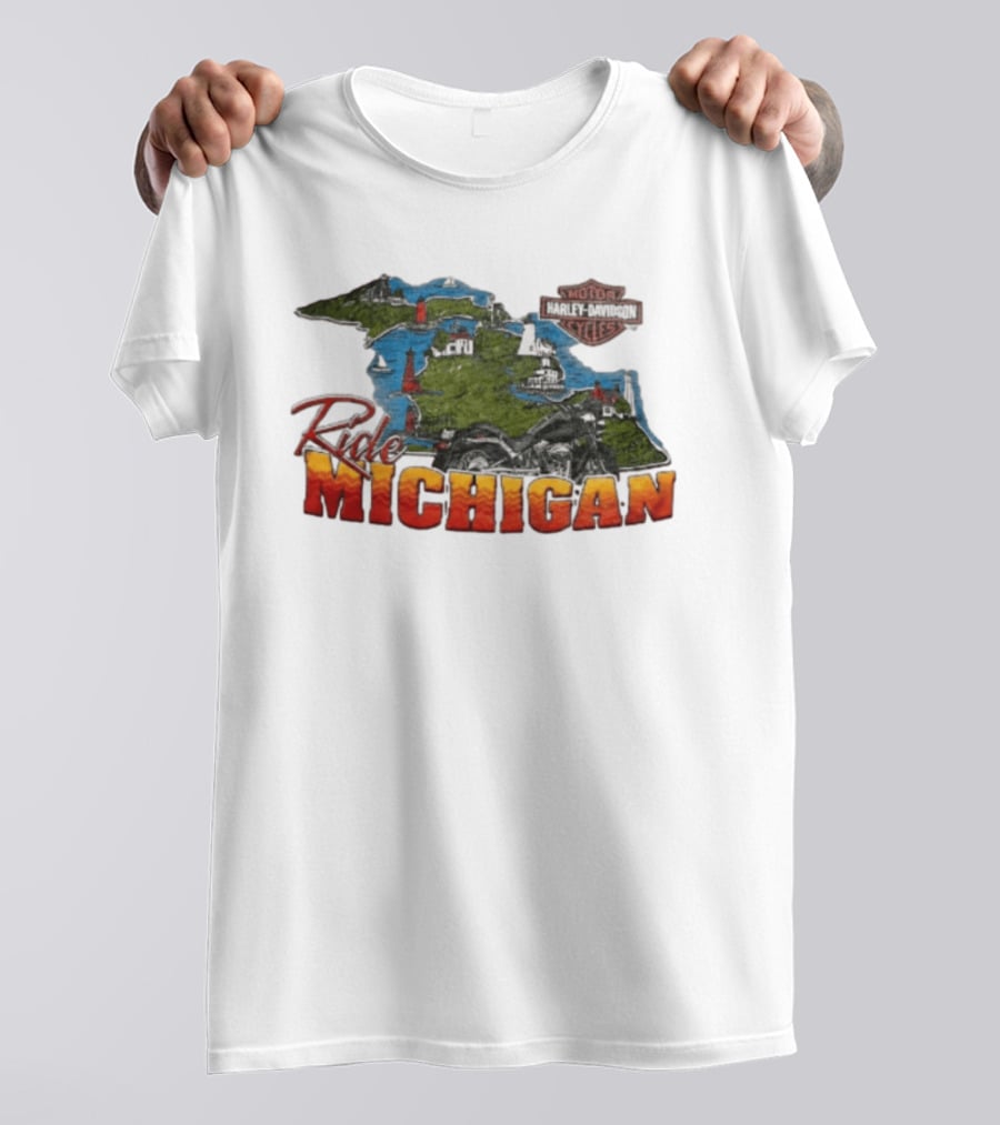 Ride Michigan Harley Davidson Motor Cycles Island Map And Lighthouse T-Shirt