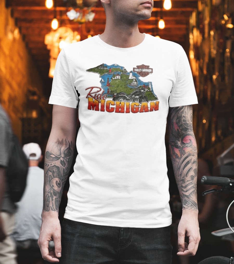 Ride Michigan Harley Davidson Motor Cycles Island Map And Lighthouse T-Shirt