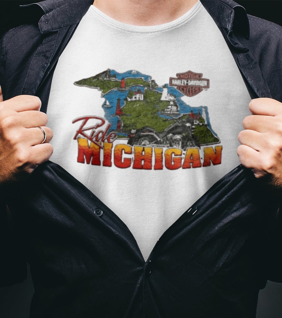 Ride Michigan Harley Davidson Motor Cycles Island Map And Lighthouse T-Shirt
