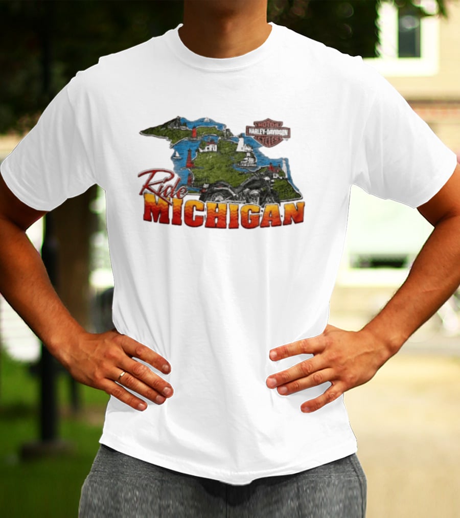 Ride Michigan Harley Davidson Motor Cycles Island Map And Lighthouse T-Shirt