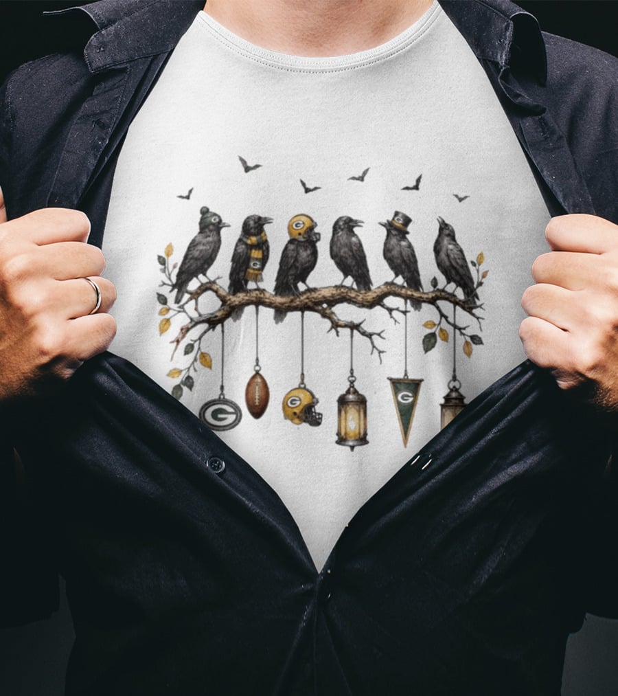 Green Bay Packers Fall Football Ravens On Branch With Leaves And Helmets T-Shirt