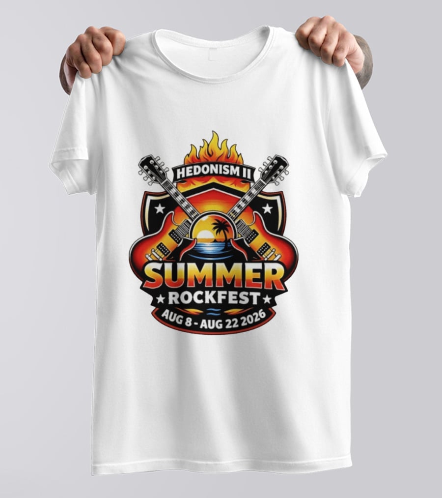 Hedonism II Summer Rockfest August 8 22 2026 Guitars Sunset Palms Fire T-Shirt