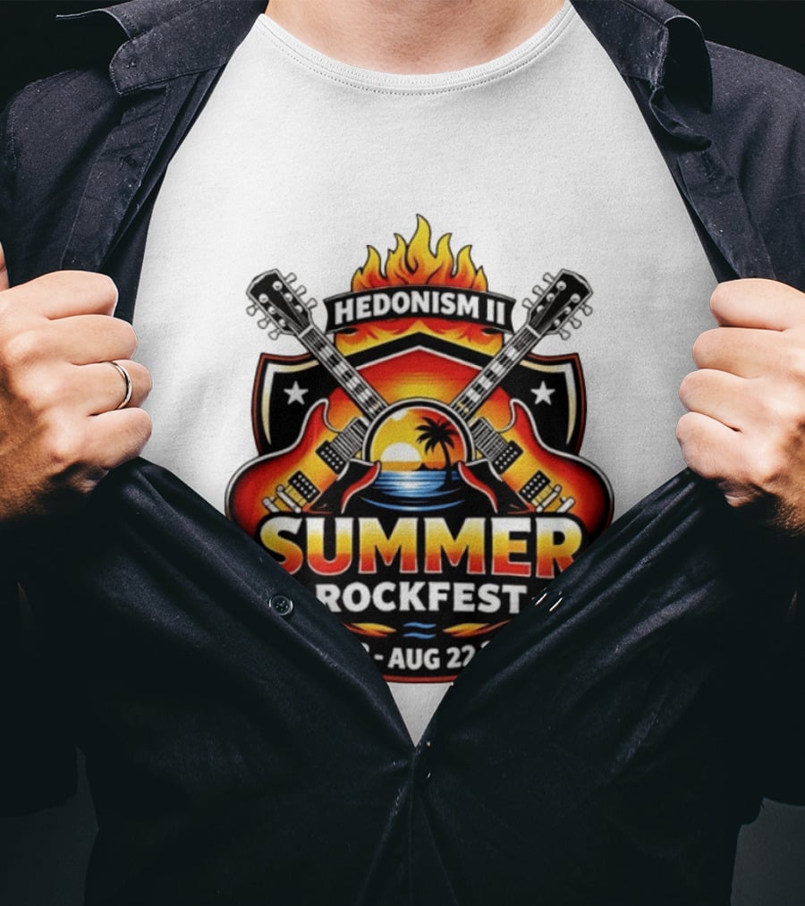 Hedonism II Summer Rockfest August 8 22 2026 Guitars Sunset Palms Fire T-Shirt
