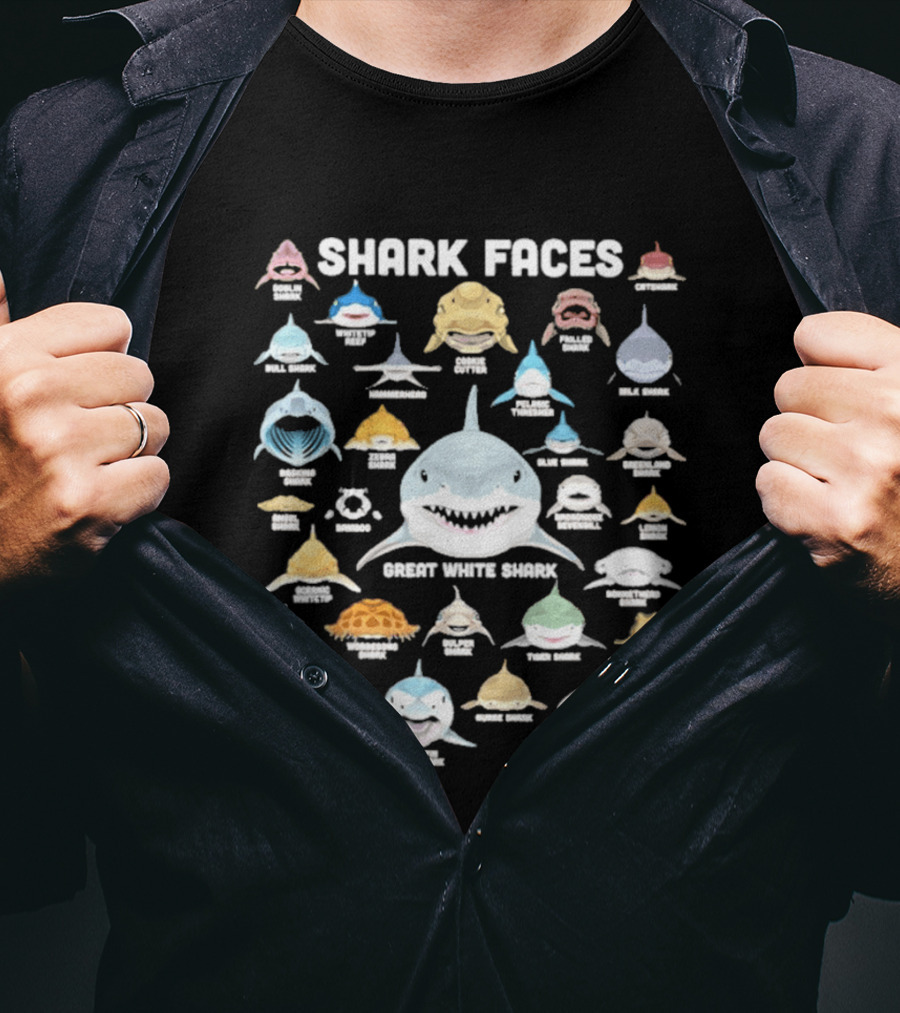 Shark Faces Types Marine Biology Great White Hammerhead Whale Tiger Goblin Thresher Whale Goblin T-Shirt