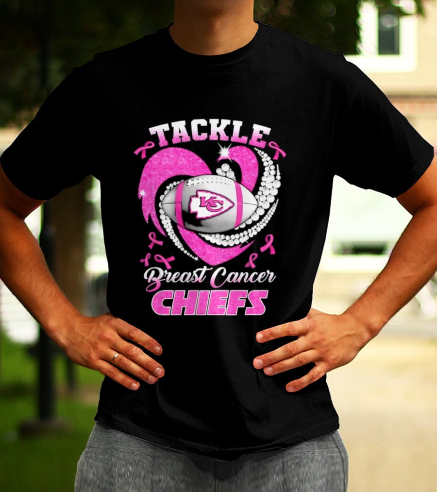 Tackle Breast Cancer Kansas City Chiefs Pink Ribbon Football Heart T-Shirt
