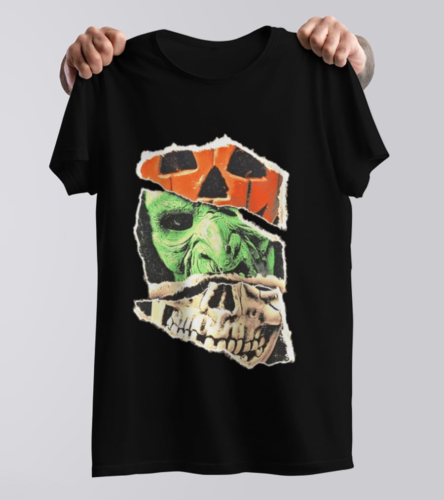 Halloween Trio Three Masks Horror Season Of The Witch Pumpkin Skull Green Mask T-Shirt