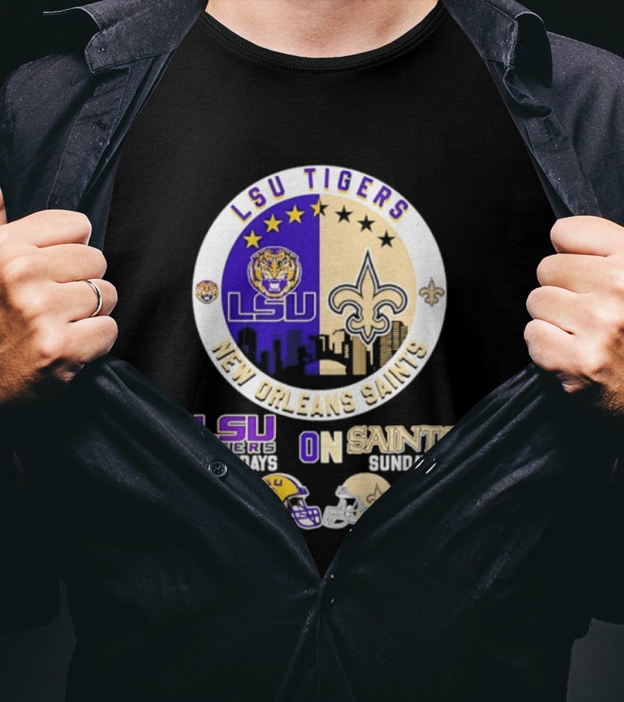 LSU Tigers New Orleans Saints Skyline Helmet Celebration Saturdays Sundays T-Shirt