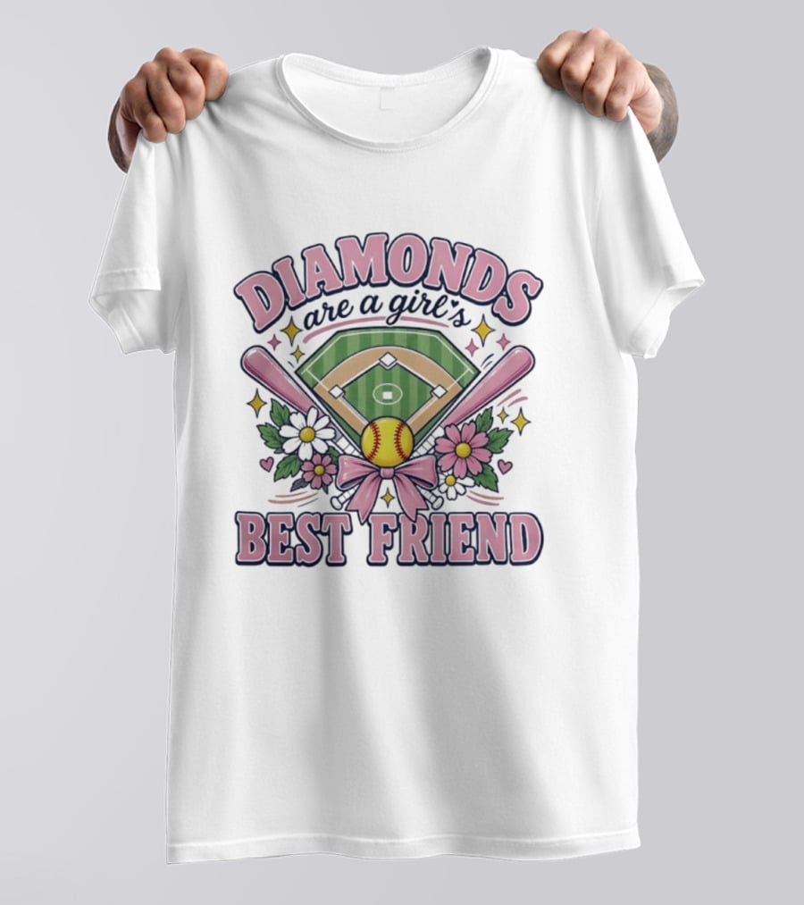 Diamonds Are A Girl's Best Friend Softball Field Pink Bats Floral Stars T-Shirt